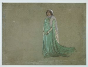 研究、長い緑のドレス、ピンクのスカーフの女性 作： Edwin Austin Abbey