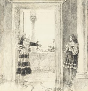 ヴァレンタインを追放する公爵、第 3 幕第 1 場、ヴェローナの 2 人の紳士より 作： Edwin Austin Abbey