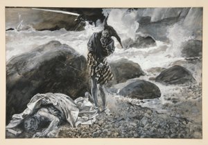 トリンキュロとキャリバン、第 2 幕、第 2 場、テンペストのイラスト 作： Edwin Austin Abbey