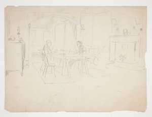 インテリアのテーブルで 2 人の男性 作： Edwin Austin Abbey