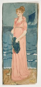 ビーチでの女性の正体不明のイラスト、遠くの船 作： Edwin Austin Abbey