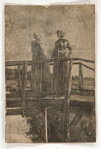 E.A. による無題の木製彫刻 木製の歩道橋に架かる 2 人の女性の修道院 (?) - ウィリアム ブラックのイラスト 作： Edwin Austin Abbey