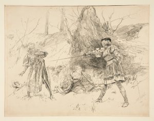 ヴァレンタインはシルヴィアを救出する、第五幕、第四場、ヴェローナの二人の紳士より 作： Edwin Austin Abbey