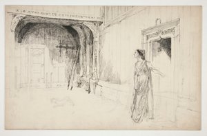 室内の女性と犬 - (未確認の劇中イラスト?) 作： Edwin Austin Abbey
