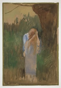 長いブロンドの髪を梳く風景の中の女性 - (イラスト未確認) 作： Edwin Austin Abbey