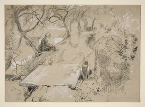 庭や公園のベンチに座る女性 – 正体不明のイラスト 作： Edwin Austin Abbey