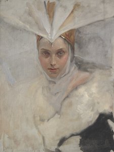 ミサゴの頭飾りと白い毛皮の襟を持つ女性、1897年 作： Edwin Austin Abbey