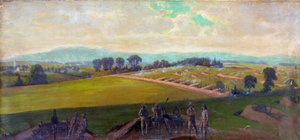 アメリカ南北戦争 1861 ～ 1865 年: 1863 年 7 月 1 ～ 3 日のゲティスバーグの戦い。この戦争で最も多くの米国の犠牲者が出ました。 「リー将軍が指揮するバージニア軍の最後の抵抗」。 油。 エドウィン・フォーブス (1839-1895) アメリカの芸術家。 軍用砲兵 作： Edwin Austin Forbes