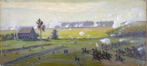 アメリカ南北戦争 1861 年 - 1865 年: 1863 年 7 月 1 日 - 3 日のゲティスバーグの戦いで、リーの北への侵攻が終結した。 戦争中の他のどの戦争よりも多くの米国の死傷者。 油 作： Edwin Austin Forbes