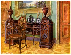 彫刻が施されたマホガニーの台座サイドボードと楕円形のホイールバックマスターチェア、1911年〜1912年。