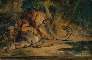 獲物を守るライオン、c。 1840年。