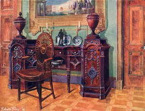 刻まれたマホガニー台座サイドボード。オーバルホイールバックマスターチェア 作： Edwin John Foley