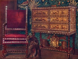 16世紀後半の大陸家具のグループ：象牙、黒檀、色の森がちりばめられたポルトガルの栗のキャビネット、らせん状のアームチェア