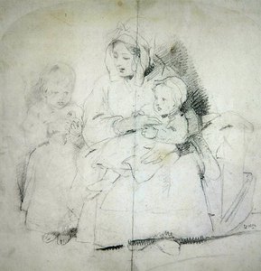二人の子供を持つ母親（鉛筆、紙） 作： Edwin Landseer