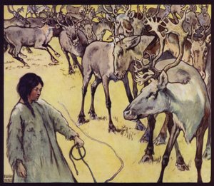 A Lapp Girl with Herd of Reindeer (カラーリトグラフ)