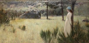 春の牧草地で若い羊飼いと彼女のヤギ 作： Edwin Sherwood Calvert