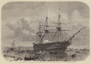 HMSアガメムノン、91ガンズ、イーストグリニッジで大西洋海底ケーブルのイギリス部分を出荷 作： Edwin Weedon