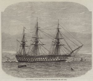 HMSボンベイ、最近モンテビデオで火災により破壊された 作： Edwin Weedon