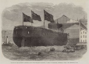 昨日の週、Woolwichで女王陛下の装甲板付きスクリューフリゲートカレドニア31門を発売 作： Edwin Weedon