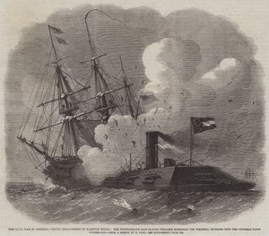 アメリカ南北戦争、ハンプトンロードでの海軍の関与、南軍の鉄板スティーマーメリマック（またはバージニア州）が連邦スループカンバーランドに侵入 作： Edwin Weedon