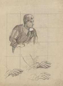 座っている男と手の習作、メイフラワー号のキャビンでのコンパクトへの署名のためのスケッチ。 作： Edwin White