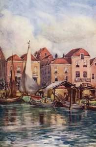ライン川ドルトレヒト、魚市場（カラーリトグラフ） 作： Effie Jardine