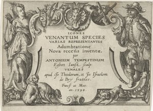 狩猟シーンのあるシリーズのタイトルプリント 狩りの情景（シリーズタイトル） Icones Venantum Species Varias Representantes (オブジェクトのシリーズ タイトル) 作： Egbert Jansz.