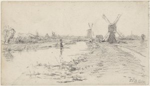 川と 2 つの風車のある風景 作： Egbert Rubertus Derk Schaap