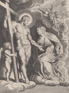 聖母の執り成し、キリストの前で雲の上にひざまずき、立っている...、約。 1610-37。 作： Egbert van Panderen