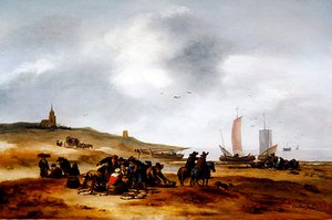 シェベニンゲンの海岸で売られている魚（油彩・パネル） 作： Egbert van der Poel