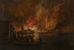 オランダの町の夜の火事 作： Egbert van der Poel