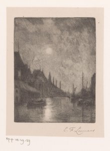 夜の街の川の眺め 作： Egide François Leemans (signed by artist)