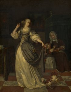 犬と戯れる女性 作： Eglon van der Neer