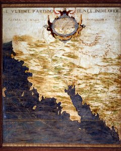 西インド諸島の辺境と未知の国の地図 エグナツィオ・ダンティ（1536-1586）という数学者、宇宙学者、イタリア人建築家が作った地図。1567年頃。フィレンツェ、ヴェッキオ宮殿、マッパモンドの部屋（Sala del Mappamondo