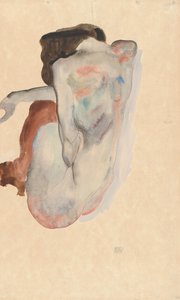 靴と黒いストッキングで身をかがめるヌード、背面図、1912年。