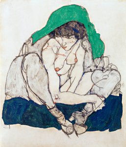 緑のスカーフをかぶった女性 - シーレ、エゴン (1890-1918) - 1914 - 黒チョーク、グワッシュ、紙 - 47x31 - レオポルド美術館、ウィーン 作： Egon Schiele