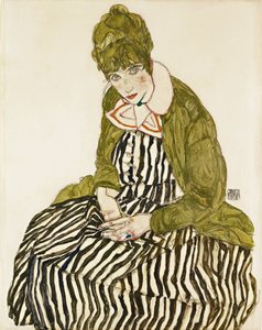 縞模様のドレスを着て着席するイーディス・シーレ。 エゴン・シーレ (1890-1918) の作品、紙に鉛筆とガッシュ 作： Egon Schiele