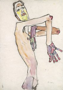 アーウィン・ドミニク・オーセン (1891–1970) は腕を組んだヌード、エゴン (1890–1918) として。 紙に黒チョーク、水彩、サイズ : 44,7x31,5 作： Egon Schiele