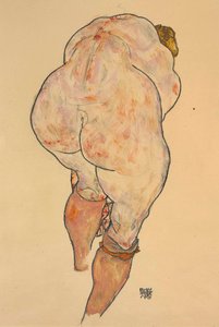 ストッキングを引き上げる女性のヌード、背面図、1918年。