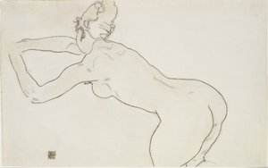 1918年にひざまずいて左に前屈した女性のヌード