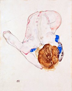 青いストッキングをはいて前かがみになっている裸の女性 - エゴン・シーレ (1890-1918) による紙にグワッシュ 作： Egon Schiele
