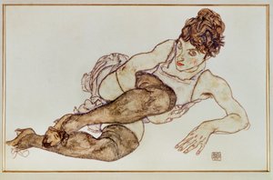 茶色のストッキングをはいた女 - 女...（グワッシュと黒のクレヨン） 作： エゴンシーレ