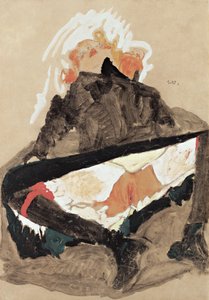 1910年に脚を広げた黒いドレスの少女 作： Egon Schiele