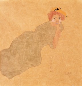 支柱付きのオリーブ色のドレスを着た女の子。腕を上げてオリーブ色のドレスを着た女性 作： Egon Schiele