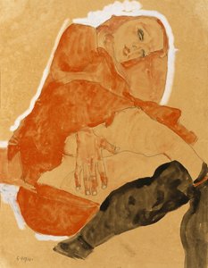 赤いローブと黒ストッキングの女の子 作： Egon Schiele