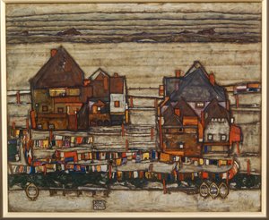 住宅とカラフルなランドリー、郊外、また、洗濯ラインのある家の2つのブロック... 作： Egon Schiele