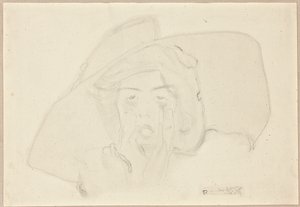 大きな帽子をかぶった叫び声の若い女性の頭、手で支えられたあご 作： Egon Schiele