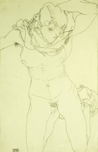 正面からひざまずくヌード。 1914年の正面からのひざまずき行為 作： Egon Schiele