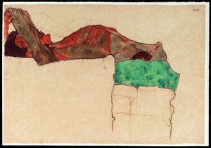 リクライニングする男性ヌードと緑色の布 [Reclining Male Nude with Green Cloth] （水彩、木炭） 作： Egon Schiele
