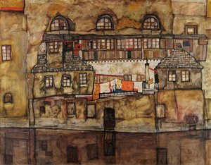 川沿いの家々の壁 - エゴン・シーレ (1890-1918) の絵画、キャンバスに油彩 作： Egon Schiele